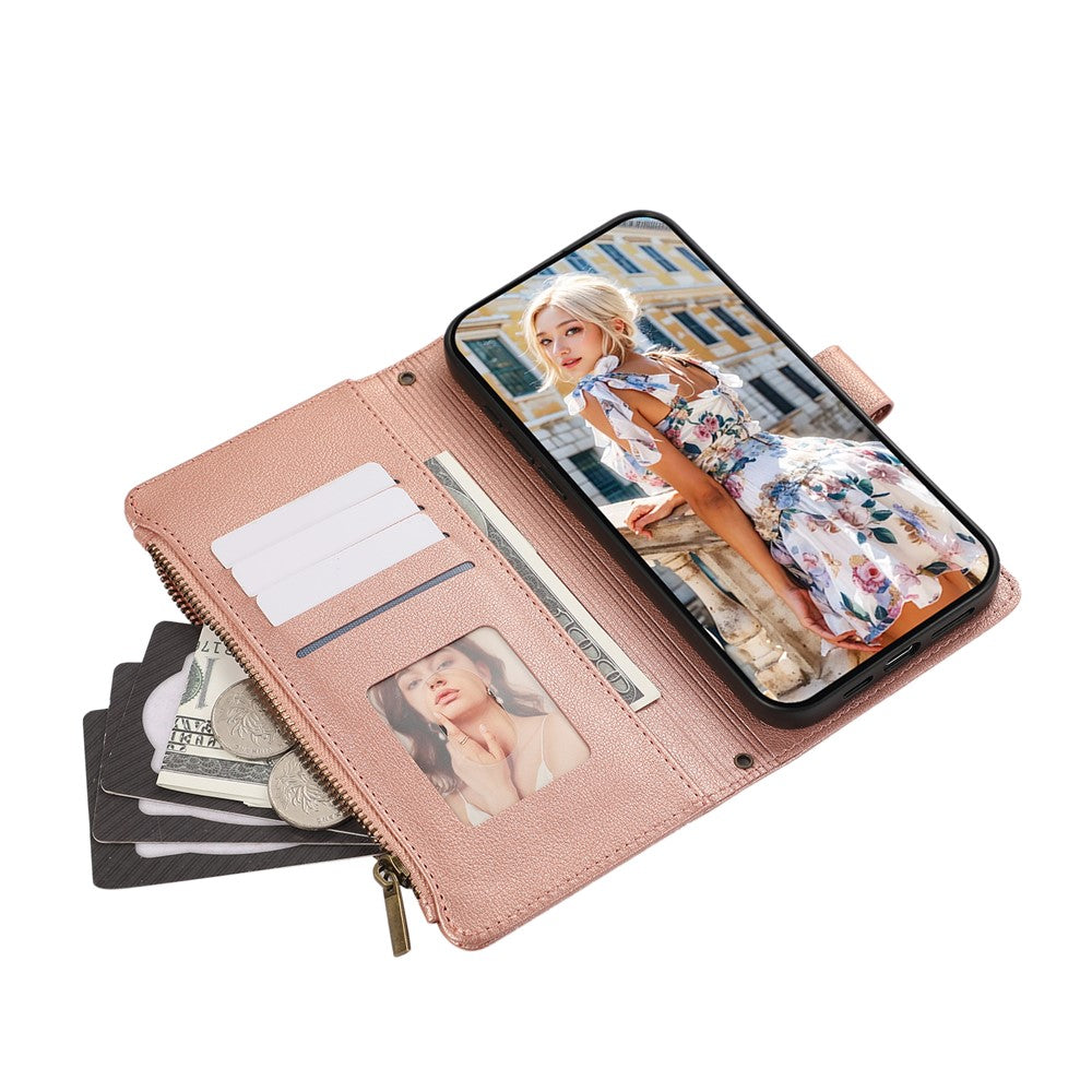 For iPhone 17 Pro Max Case Multi Card Slots Zipper Leather Phone Cover with Wrist Strap - Rose Gold