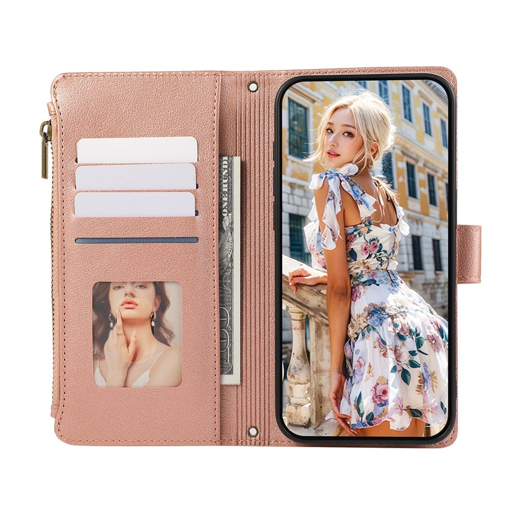 For iPhone 17 Pro Max Case Multi Card Slots Zipper Leather Phone Cover with Wrist Strap - Rose Gold
