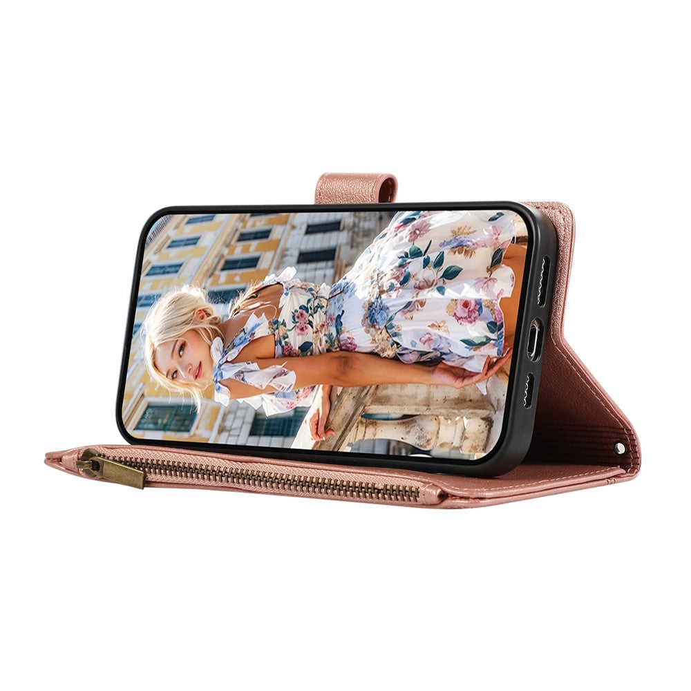 For iPhone 17 Pro Max Case Multi Card Slots Zipper Leather Phone Cover with Wrist Strap - Rose Gold