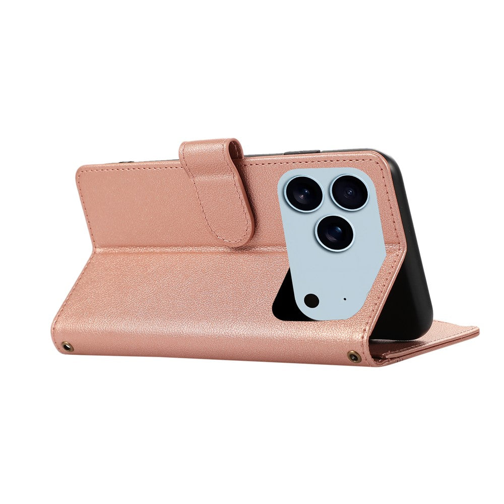 For iPhone 17 Pro Max Case Multi Card Slots Zipper Leather Phone Cover with Wrist Strap - Rose Gold