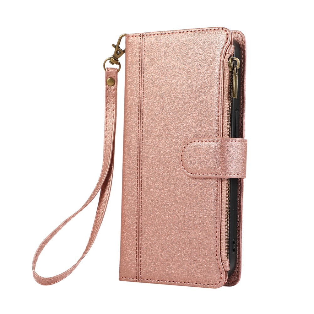 For iPhone 17 Pro Max Case Multi Card Slots Zipper Leather Phone Cover with Wrist Strap - Rose Gold