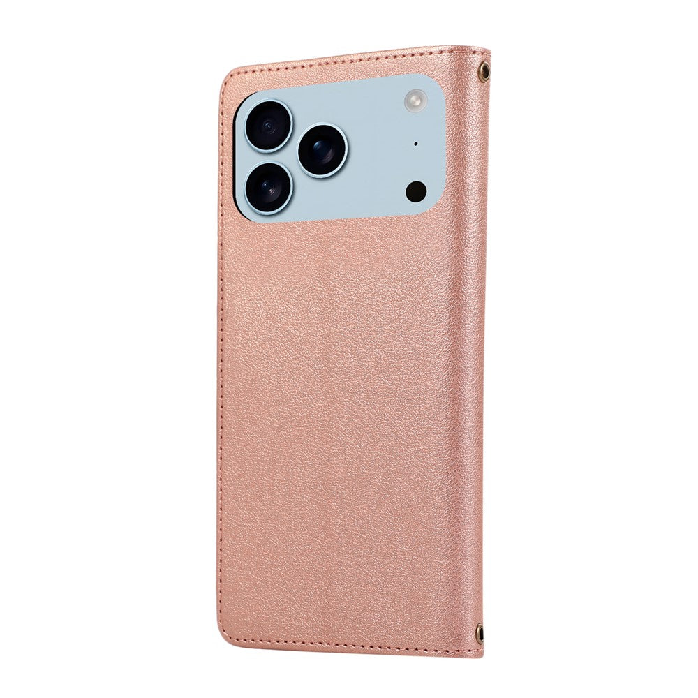 For iPhone 17 Pro Max Case Multi Card Slots Zipper Leather Phone Cover with Wrist Strap - Rose Gold