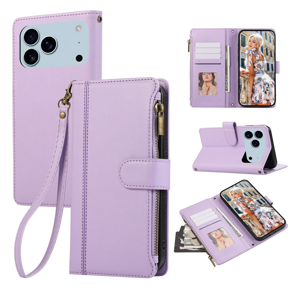 For iPhone 17 Pro Max Case Multi Card Slots Zipper Leather Phone Cover with Wrist Strap - Purple