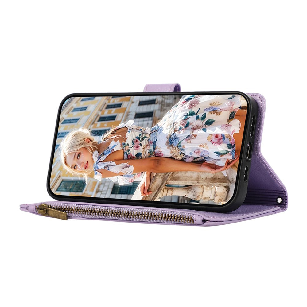 For iPhone 17 Pro Max Case Multi Card Slots Zipper Leather Phone Cover with Wrist Strap - Purple