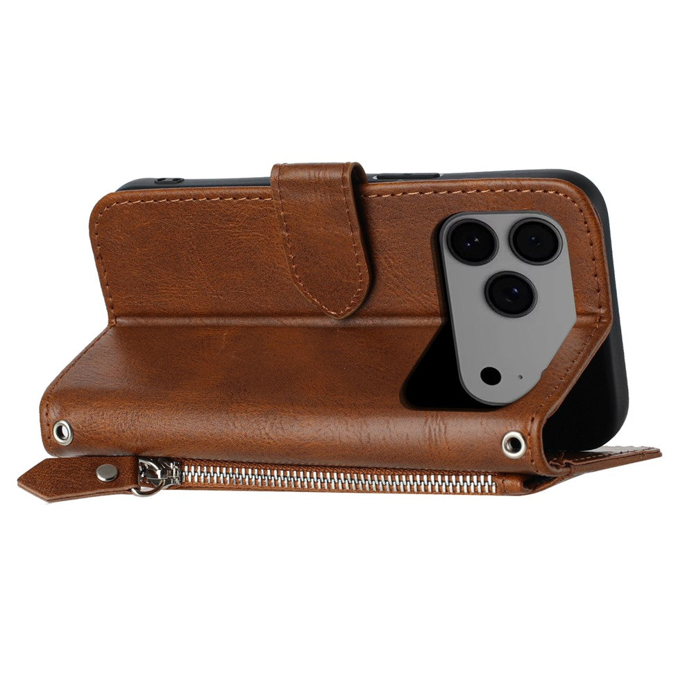 For iPhone 17 Pro Max Case Zipper Pocket Wallet Leather Phone Cover with Wrist Strap - Brown