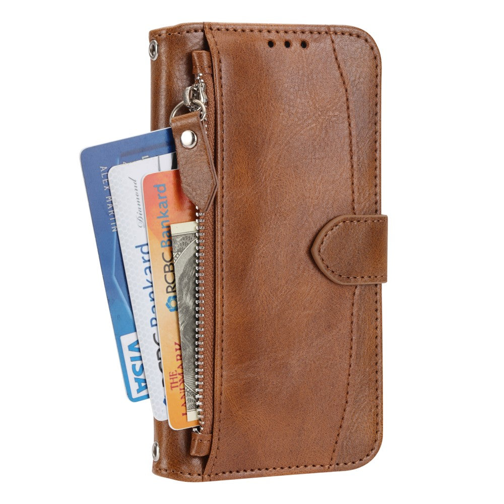 For iPhone 17 Pro Max Case Zipper Pocket Wallet Leather Phone Cover with Wrist Strap - Brown