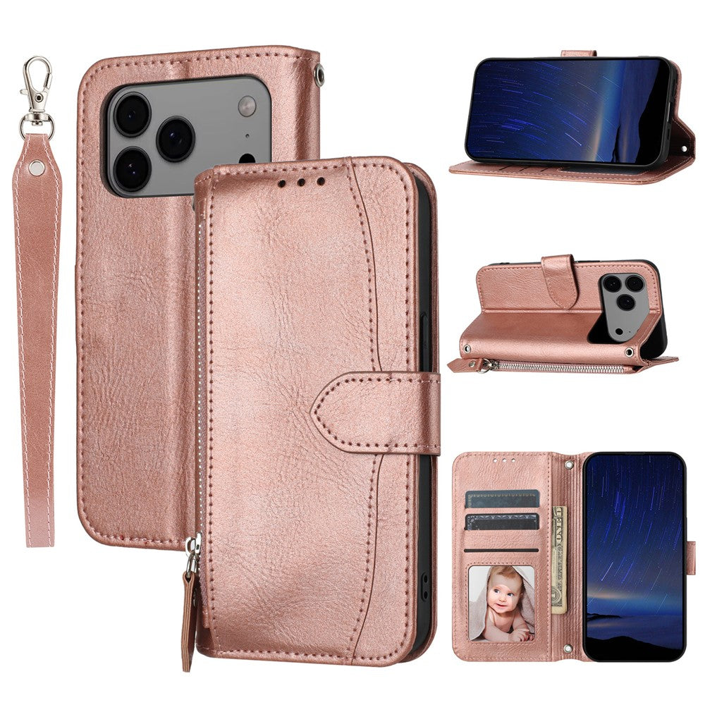 For iPhone 17 Pro Max Case Zipper Pocket Wallet Leather Phone Cover with Wrist Strap - Rose Gold