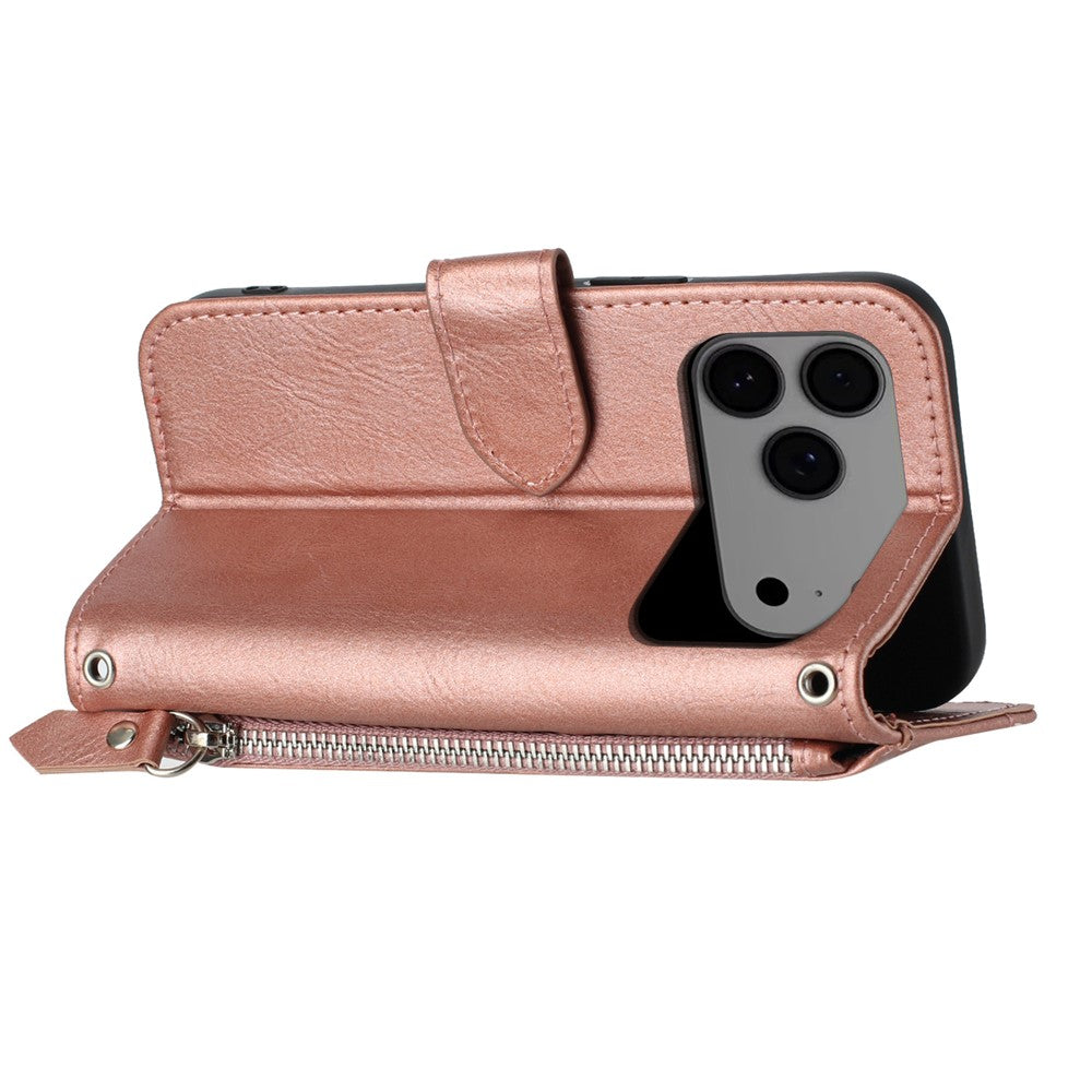 For iPhone 17 Pro Max Case Zipper Pocket Wallet Leather Phone Cover with Wrist Strap - Rose Gold