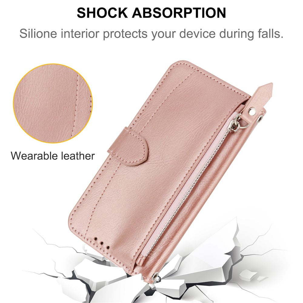 For iPhone 17 Pro Max Case Zipper Pocket Wallet Leather Phone Cover with Wrist Strap - Rose Gold