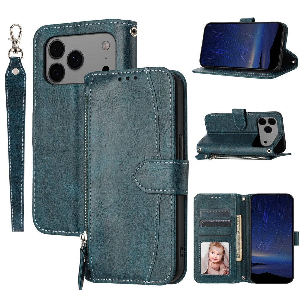 For iPhone 17 Pro Max Case Zipper Pocket Wallet Leather Phone Cover with Wrist Strap - Blackish Green
