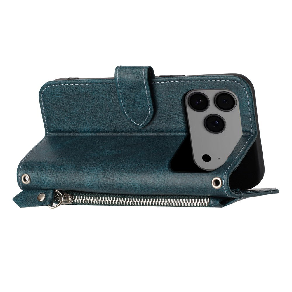 For iPhone 17 Pro Max Case Zipper Pocket Wallet Leather Phone Cover with Wrist Strap - Blackish Green