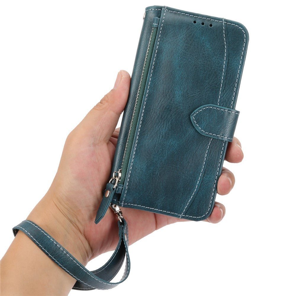 For iPhone 17 Pro Max Case Zipper Pocket Wallet Leather Phone Cover with Wrist Strap - Blackish Green