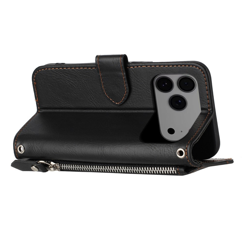 For iPhone 17 Pro Max Case Zipper Pocket Wallet Leather Phone Cover with Wrist Strap - Black