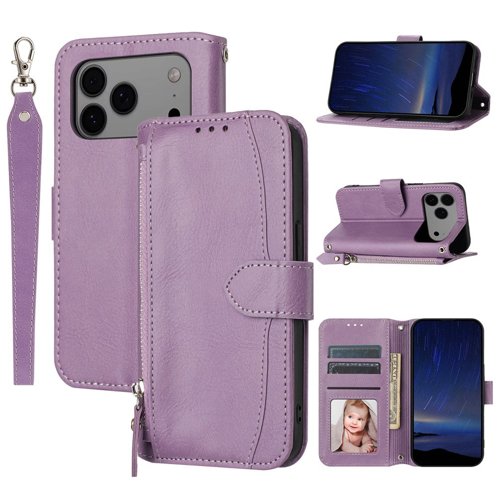 For iPhone 17 Pro Max Case Zipper Pocket Wallet Leather Phone Cover with Wrist Strap - Purple