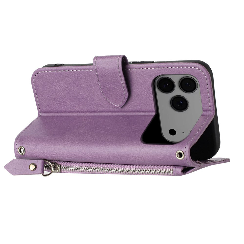 For iPhone 17 Pro Max Case Zipper Pocket Wallet Leather Phone Cover with Wrist Strap - Purple