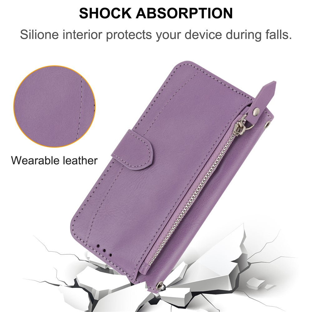 For iPhone 17 Pro Max Case Zipper Pocket Wallet Leather Phone Cover with Wrist Strap - Purple