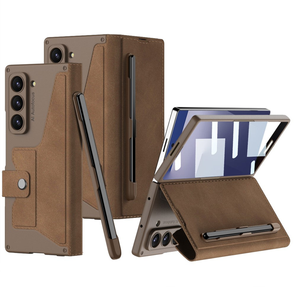 GKK For Samsung Galaxy Z Fold7 5G Kickstand Case Pencil Slot PC+PU Phone Cover with Screen Film - Brown