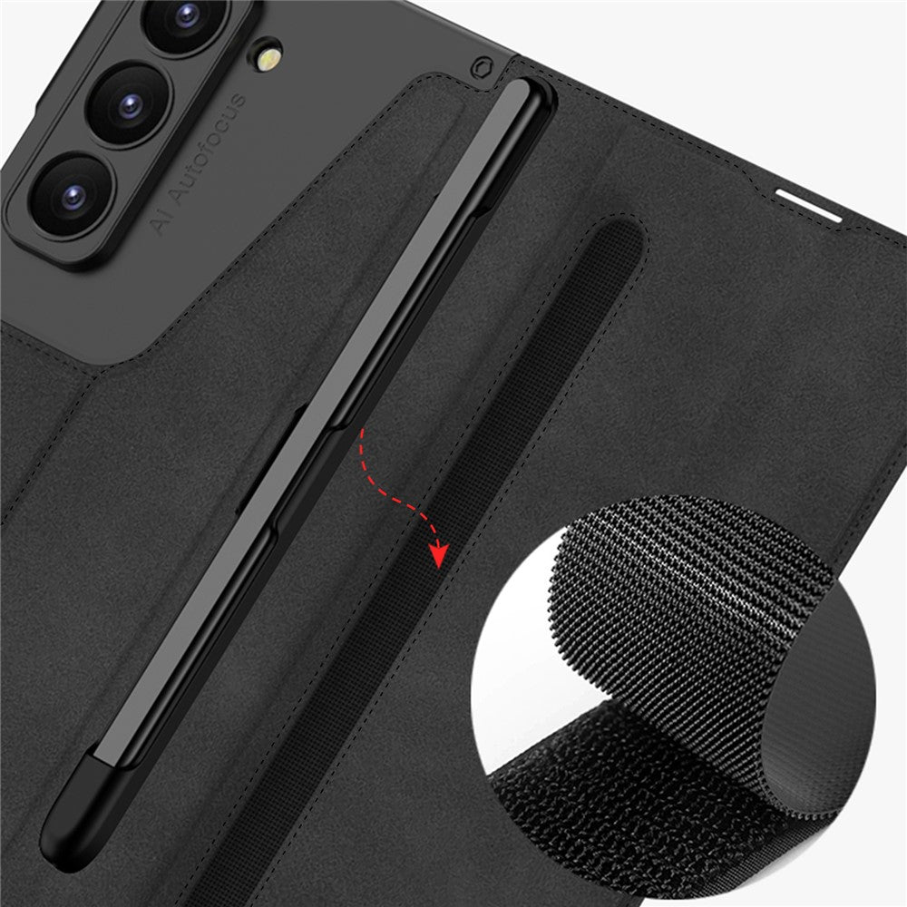 GKK For Samsung Galaxy Z Fold7 5G Kickstand Case Pencil Slot PC+PU Phone Cover with Screen Film - Brown