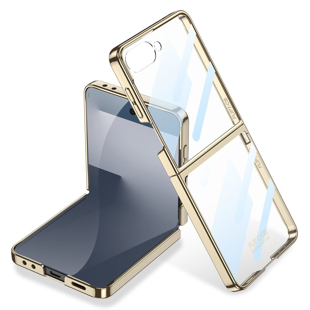 GKK For Samsung Galaxy Z Flip7 5G Case Electroplating Hard PC Tempered Glass Phone Cover with Screen Film - Champagne Gold