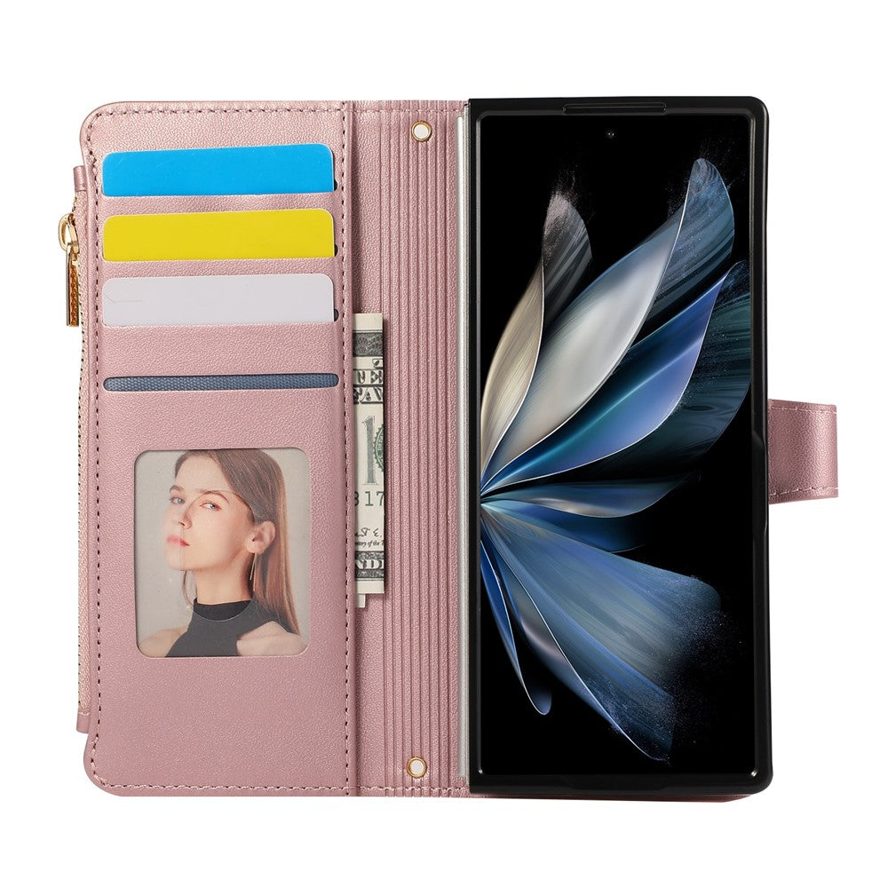 For Samsung Galaxy Z Fold7 5G Case Multi Card Slots Zipper Rhombus Leather Phone Cover with Wrist Strap - Rose Gold