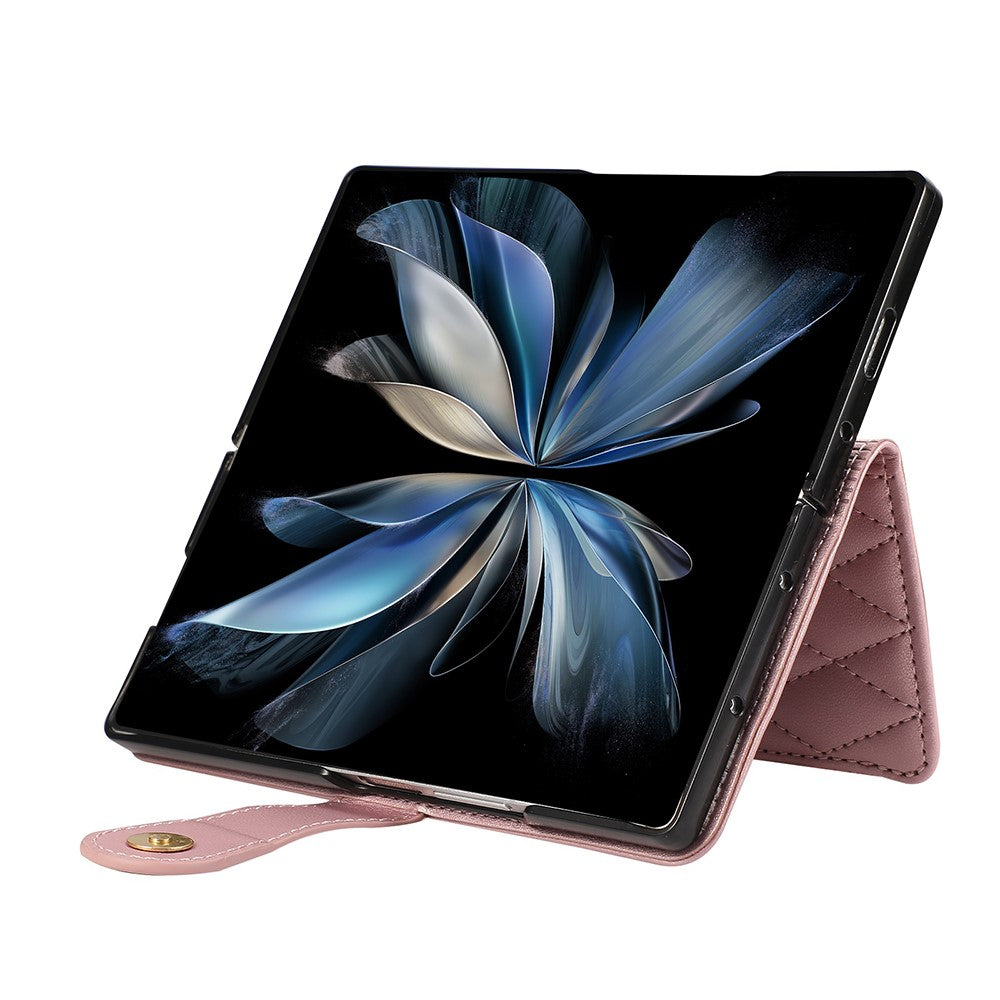 For Samsung Galaxy Z Fold7 5G Case Multi Card Slots Zipper Rhombus Leather Phone Cover with Wrist Strap - Rose Gold