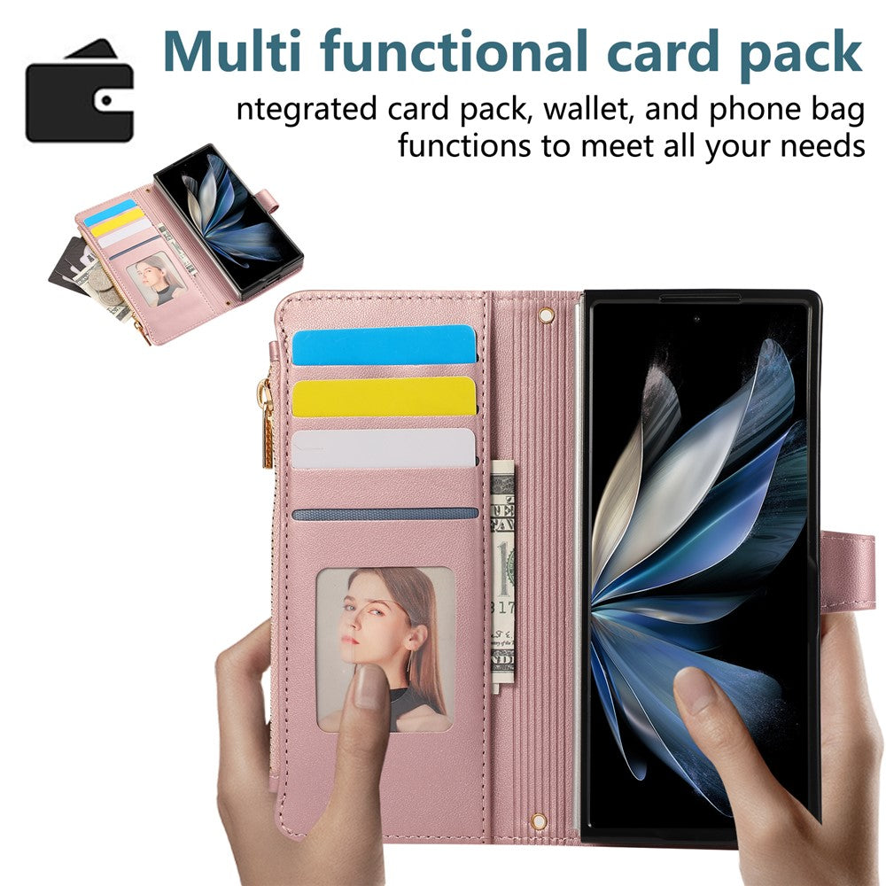 For Samsung Galaxy Z Fold7 5G Case Multi Card Slots Zipper Rhombus Leather Phone Cover with Wrist Strap - Rose Gold