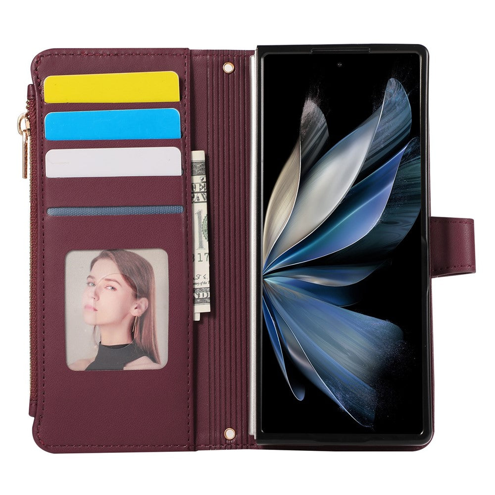 For Samsung Galaxy Z Fold7 5G Case Multi Card Slots Zipper Rhombus Leather Phone Cover with Wrist Strap - Wine Red