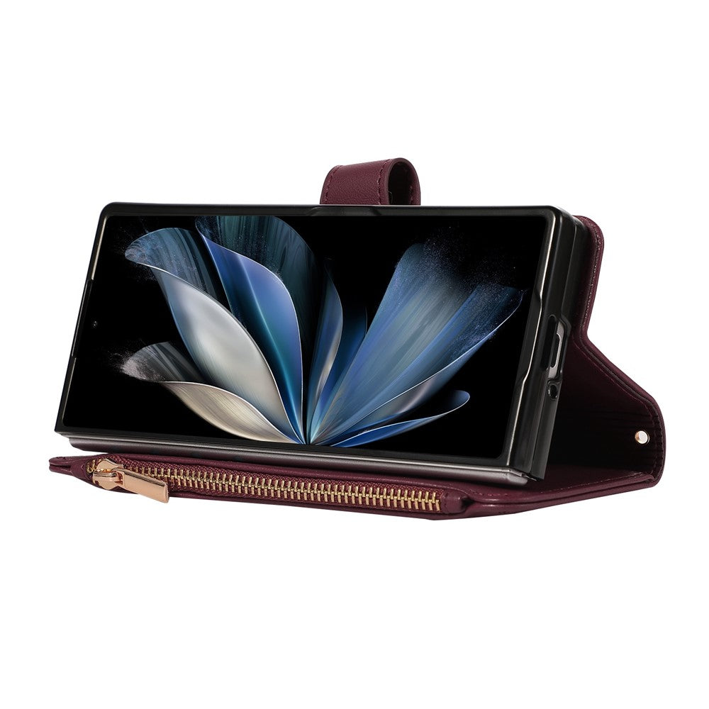 For Samsung Galaxy Z Fold7 5G Case Multi Card Slots Zipper Rhombus Leather Phone Cover with Wrist Strap - Wine Red