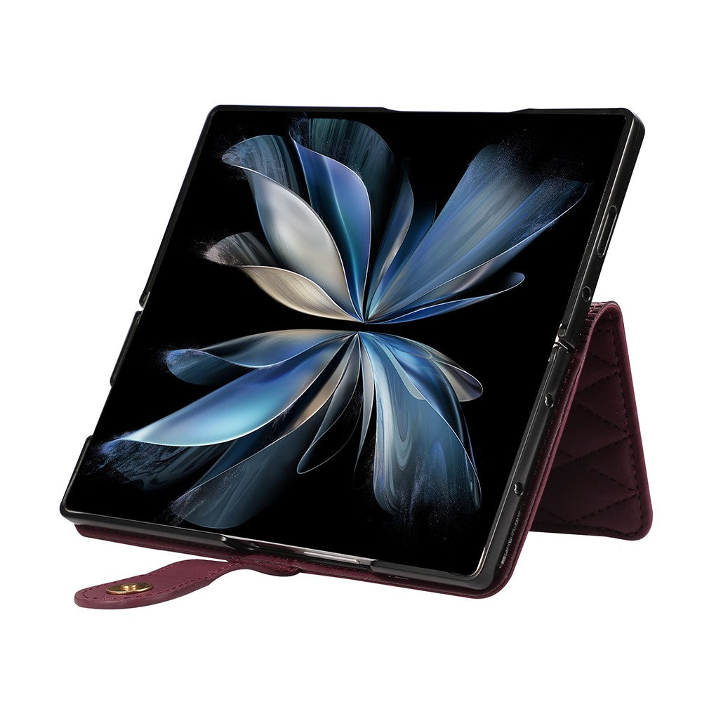 For Samsung Galaxy Z Fold7 5G Case Multi Card Slots Zipper Rhombus Leather Phone Cover with Wrist Strap - Wine Red