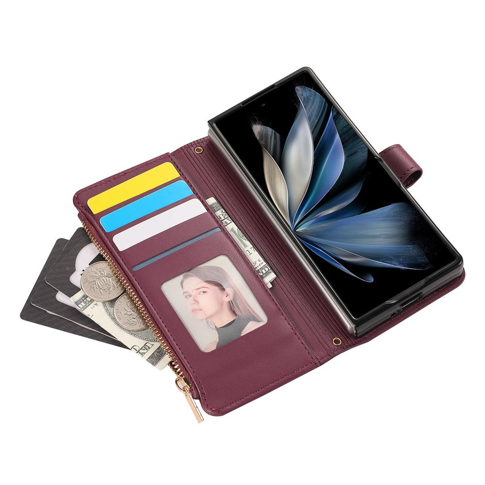 For Samsung Galaxy Z Fold7 5G Case Multi Card Slots Zipper Rhombus Leather Phone Cover with Wrist Strap - Wine Red