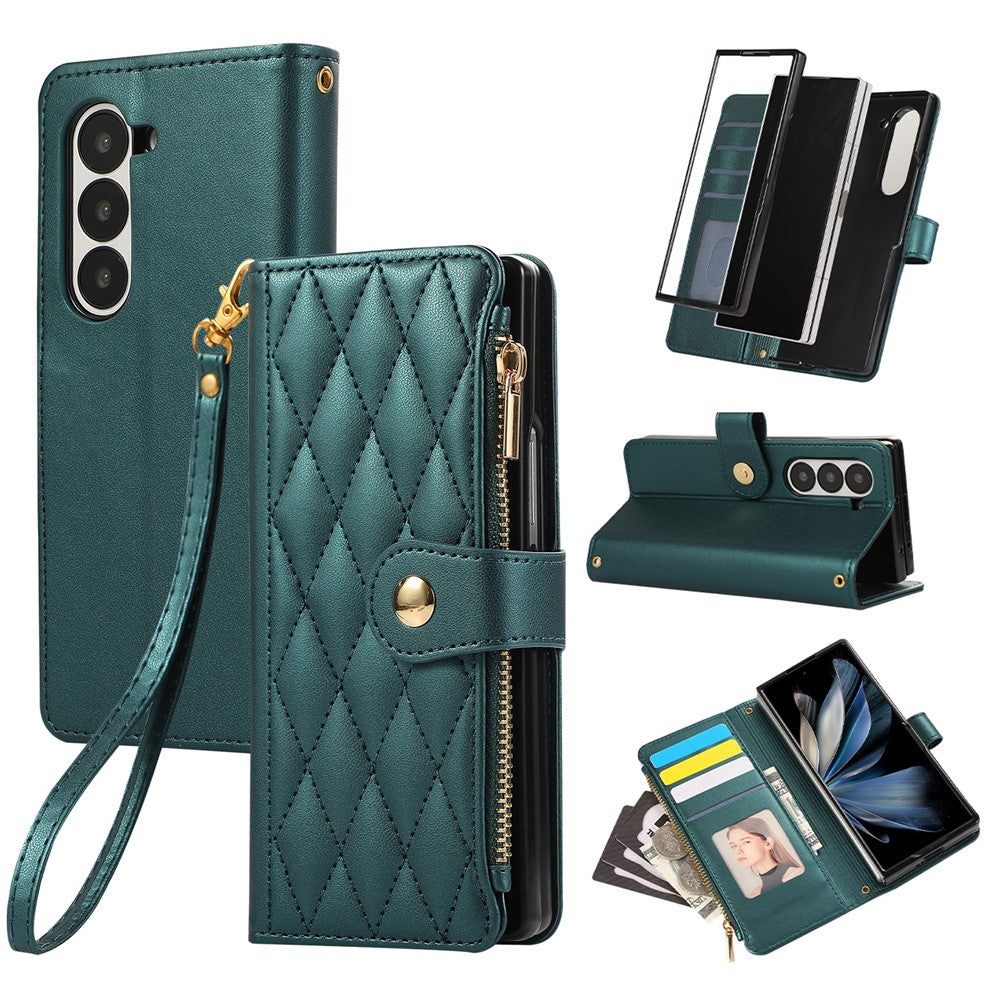 For Samsung Galaxy Z Fold7 5G Case Multi Card Slots Zipper Rhombus Leather Phone Cover with Wrist Strap - Green