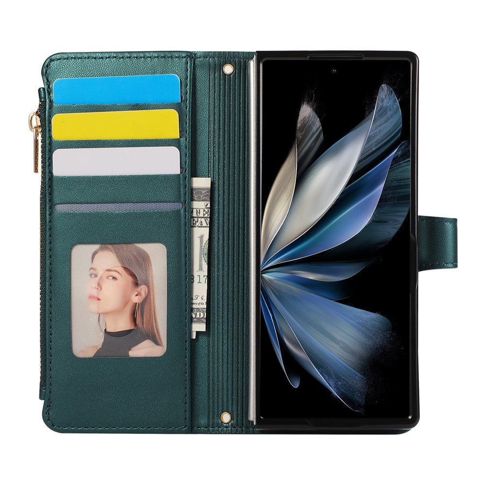 For Samsung Galaxy Z Fold7 5G Case Multi Card Slots Zipper Rhombus Leather Phone Cover with Wrist Strap - Green