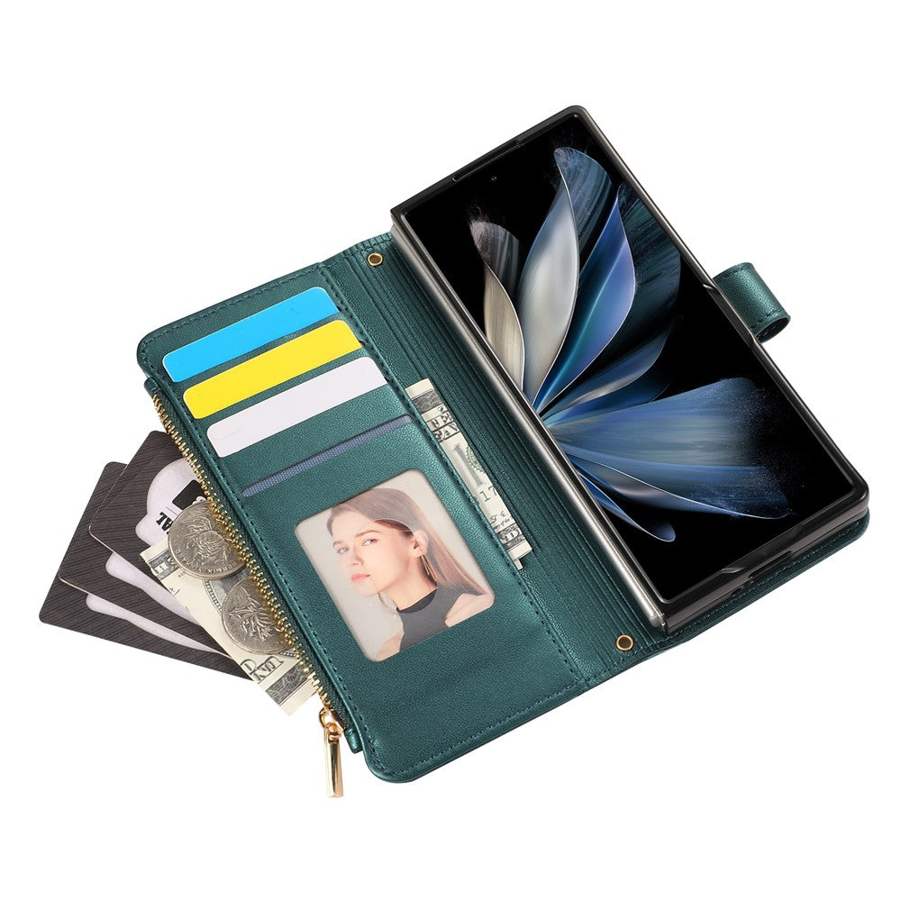 For Samsung Galaxy Z Fold7 5G Case Multi Card Slots Zipper Rhombus Leather Phone Cover with Wrist Strap - Green