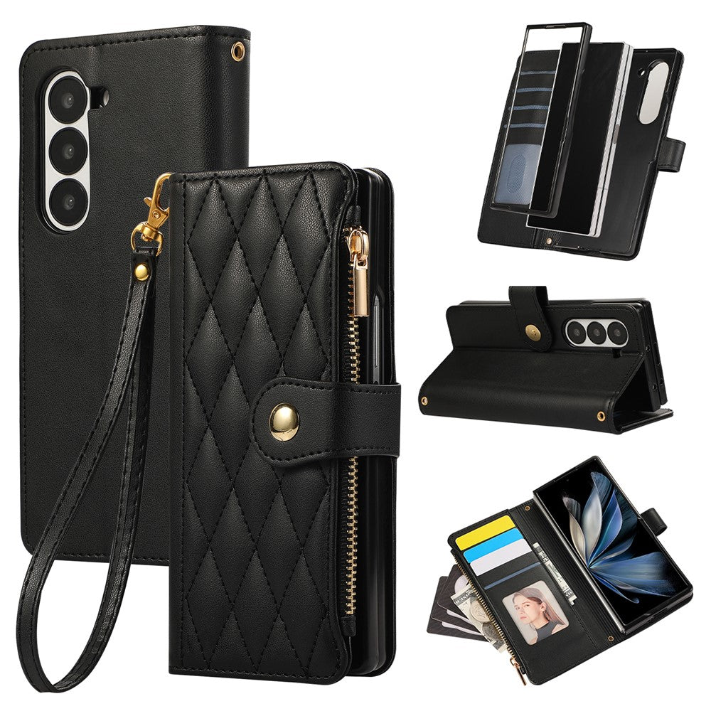 For Samsung Galaxy Z Fold7 5G Case Multi Card Slots Zipper Rhombus Leather Phone Cover with Wrist Strap - Black