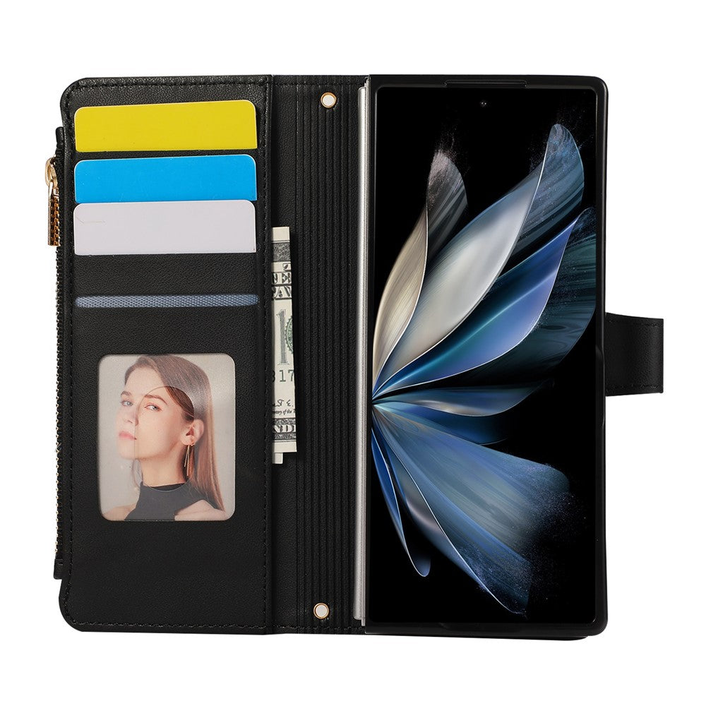 For Samsung Galaxy Z Fold7 5G Case Multi Card Slots Zipper Rhombus Leather Phone Cover with Wrist Strap - Black
