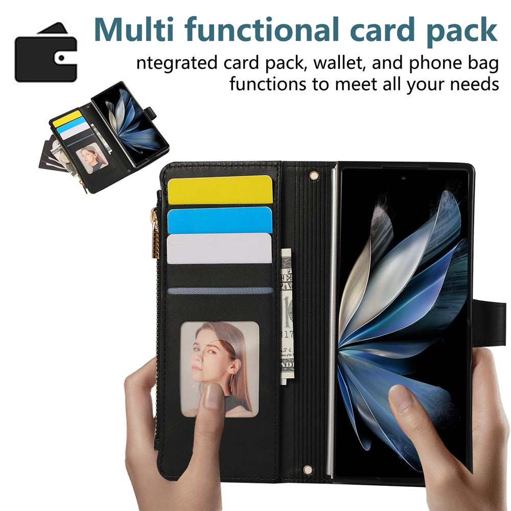 For Samsung Galaxy Z Fold7 5G Case Multi Card Slots Zipper Rhombus Leather Phone Cover with Wrist Strap - Black