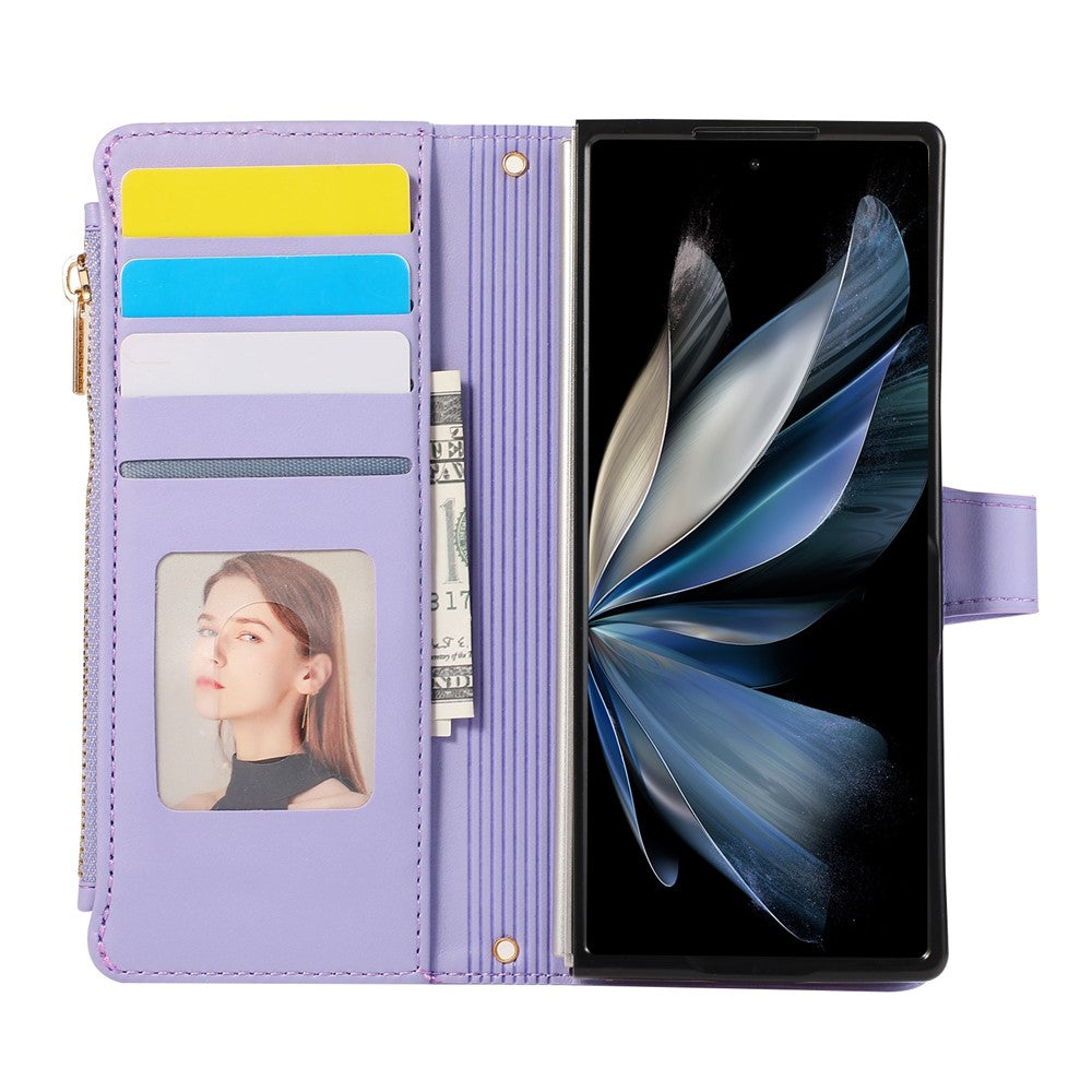 For Samsung Galaxy Z Fold7 5G Case Multi Card Slots Zipper Rhombus Leather Phone Cover with Wrist Strap - Purple