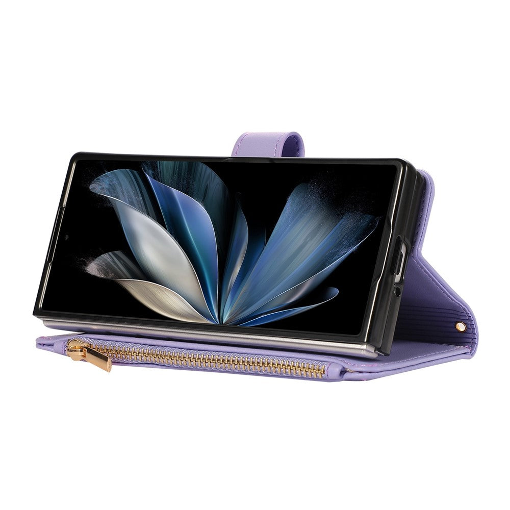 For Samsung Galaxy Z Fold7 5G Case Multi Card Slots Zipper Rhombus Leather Phone Cover with Wrist Strap - Purple