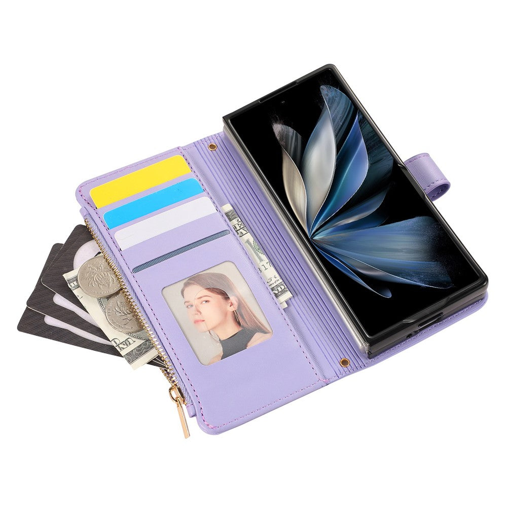 For Samsung Galaxy Z Fold7 5G Case Multi Card Slots Zipper Rhombus Leather Phone Cover with Wrist Strap - Purple
