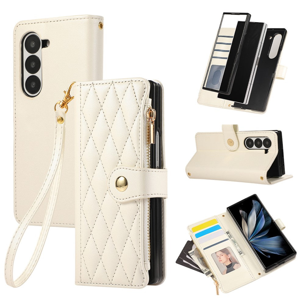 For Samsung Galaxy Z Fold7 5G Case Multi Card Slots Zipper Rhombus Leather Phone Cover with Wrist Strap - Beige