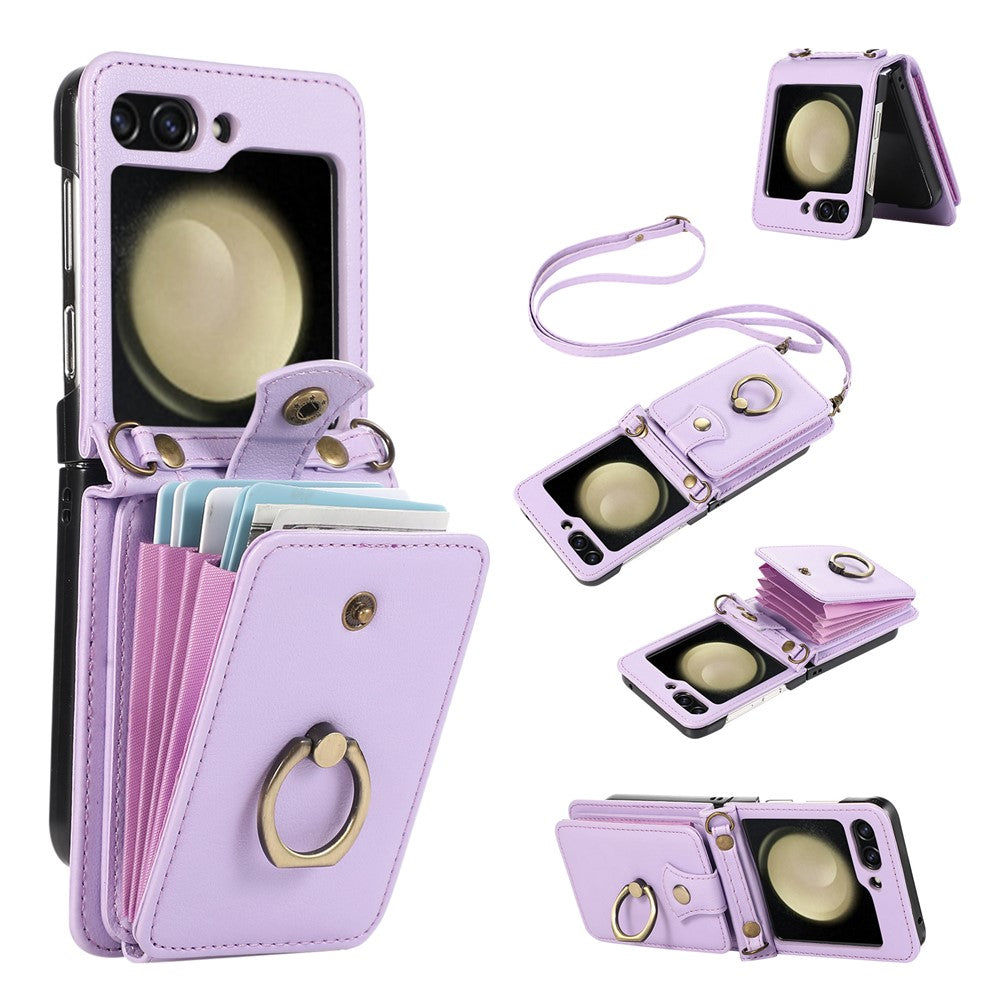 For Samsung Galaxy Z Flip7 5G Case Card Holder Ring Kickstand TPU + PU Leather Phone Cover with Long Strap - Purple