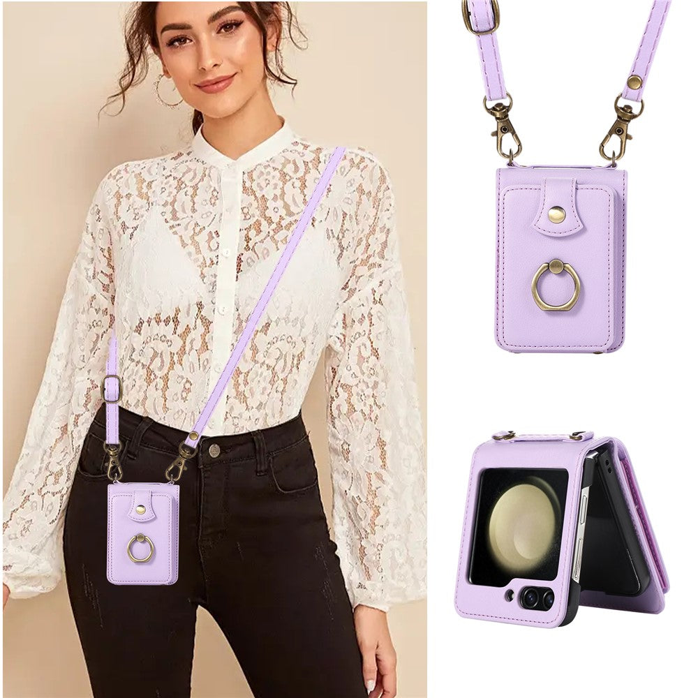 For Samsung Galaxy Z Flip7 5G Case Card Holder Ring Kickstand TPU + PU Leather Phone Cover with Long Strap - Purple