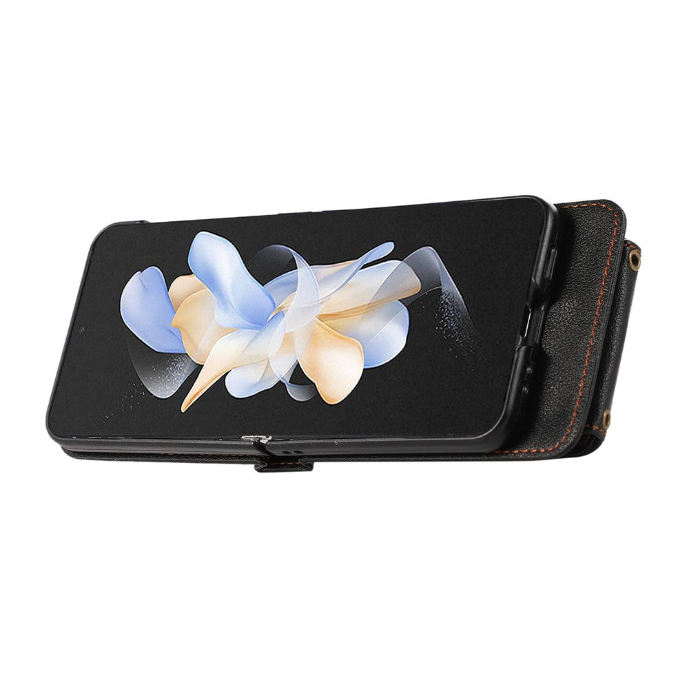For Samsung Galaxy Z Flip7 5G Case Card Holder Ring Kickstand TPU + PU Leather Phone Cover with Long Strap - Black