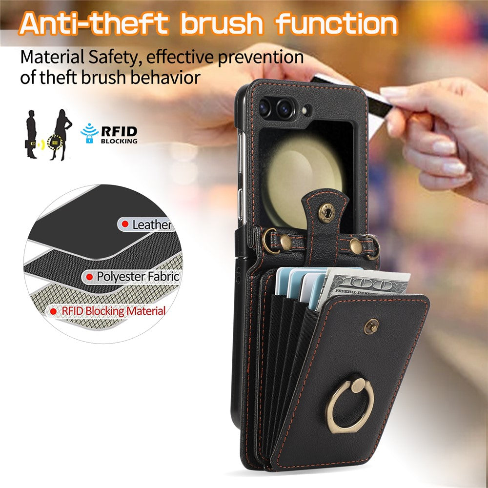 For Samsung Galaxy Z Flip7 5G Case Card Holder Ring Kickstand TPU + PU Leather Phone Cover with Long Strap - Black