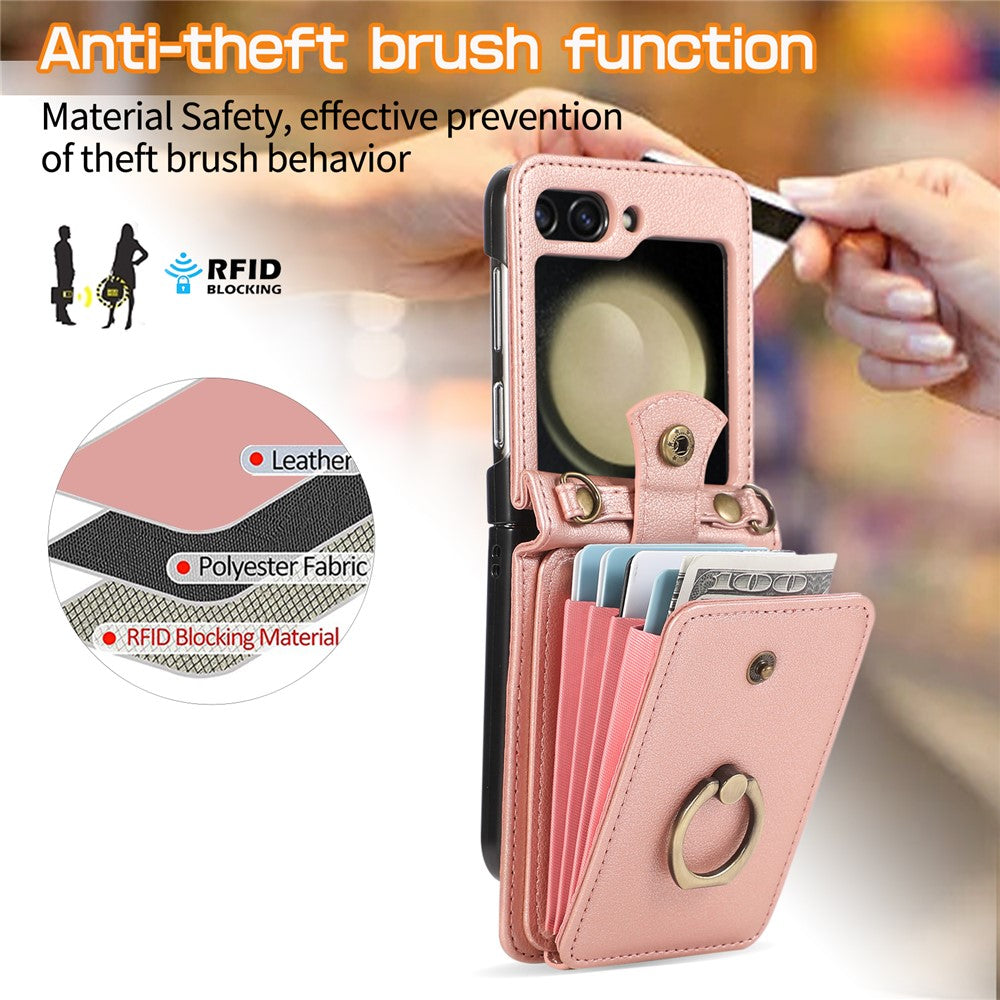 For Samsung Galaxy Z Flip7 5G Case Card Holder Ring Kickstand TPU + PU Leather Phone Cover with Long Strap - Rose Gold
