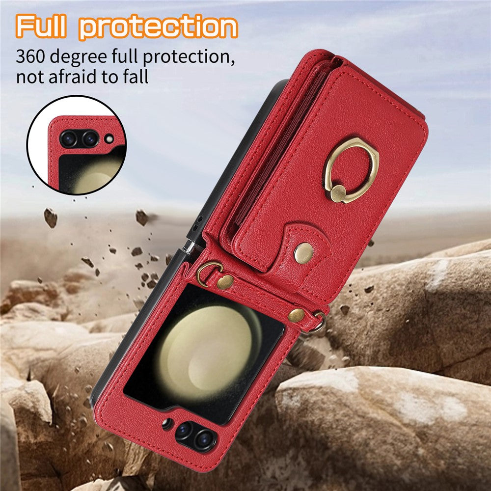 For Samsung Galaxy Z Flip7 5G Case Card Holder Ring Kickstand TPU + PU Leather Phone Cover with Long Strap - Red