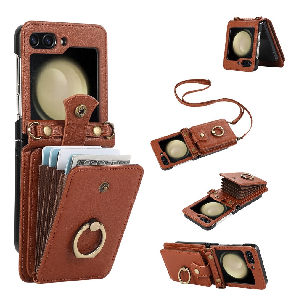 For Samsung Galaxy Z Flip7 5G Case Card Holder Ring Kickstand TPU + PU Leather Phone Cover with Long Strap - Brown