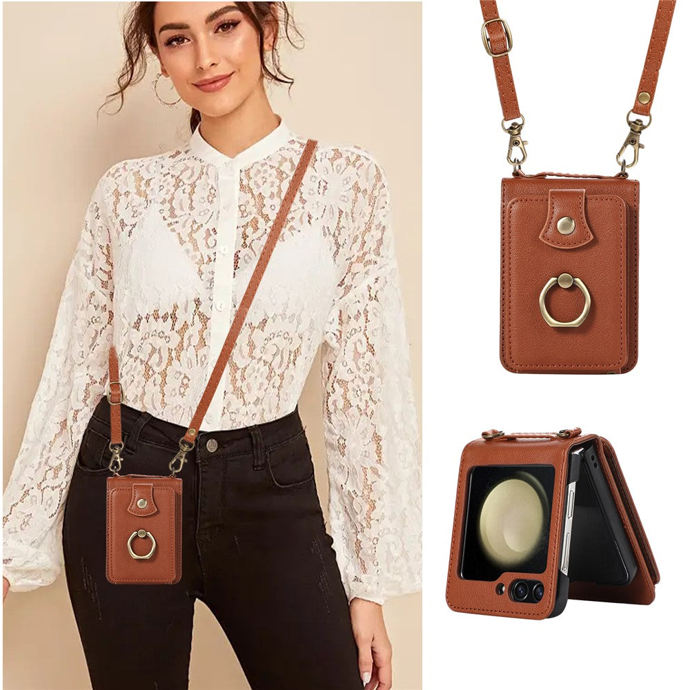 For Samsung Galaxy Z Flip7 5G Case Card Holder Ring Kickstand TPU + PU Leather Phone Cover with Long Strap - Brown