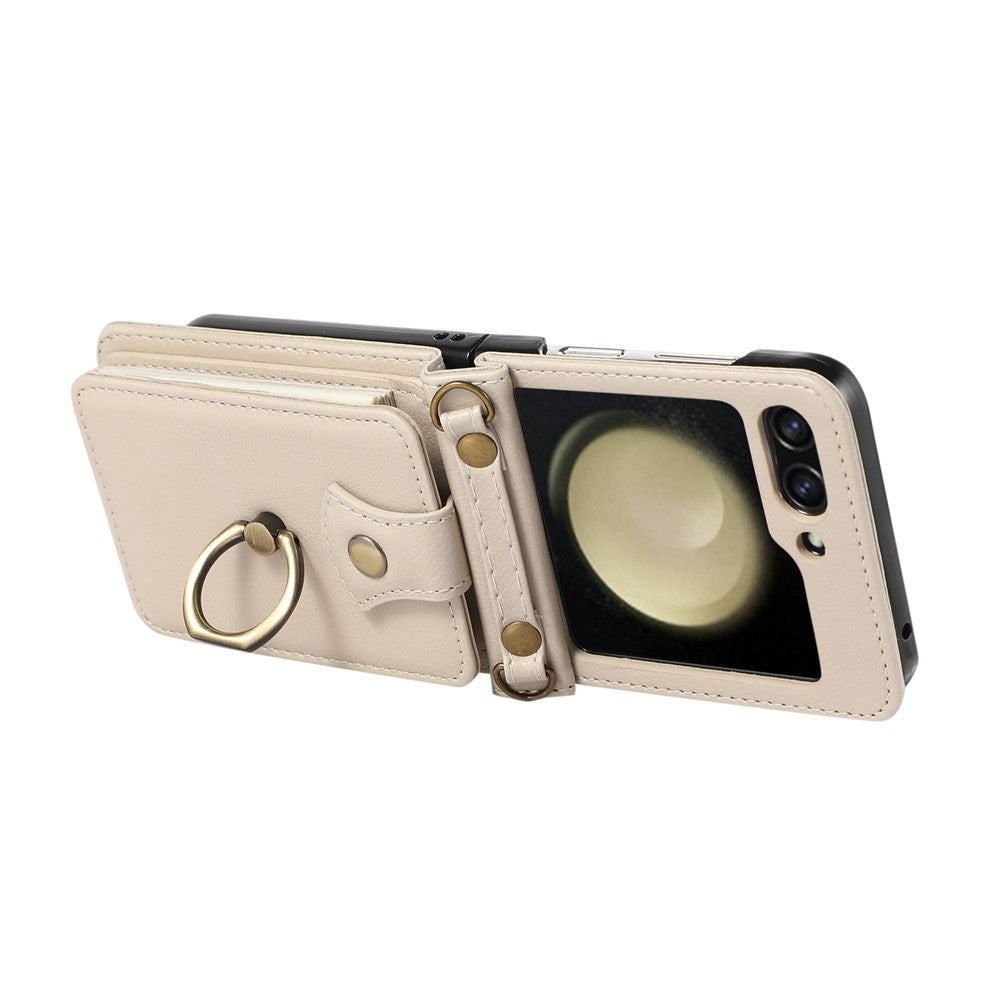 For Samsung Galaxy Z Flip7 5G Case Card Holder Ring Kickstand TPU + PU Leather Phone Cover with Long Strap - Beige