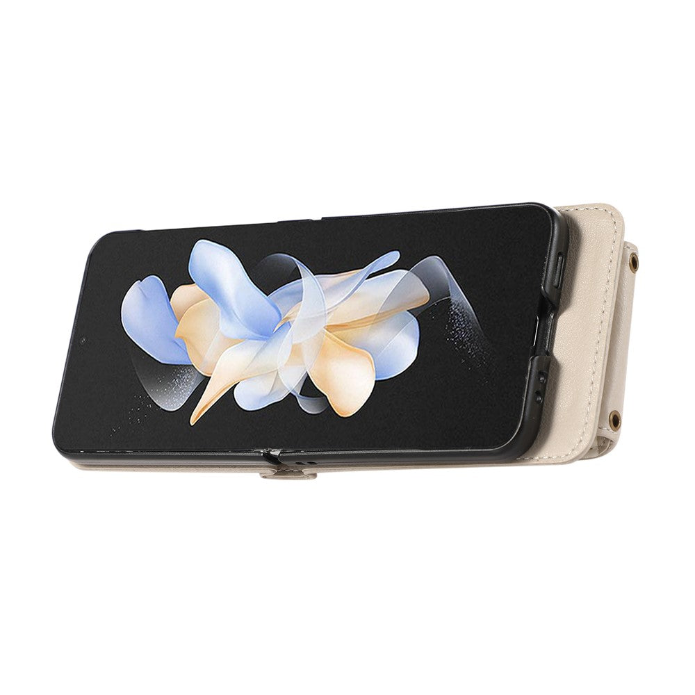 For Samsung Galaxy Z Flip7 5G Case Card Holder Ring Kickstand TPU + PU Leather Phone Cover with Long Strap - Beige